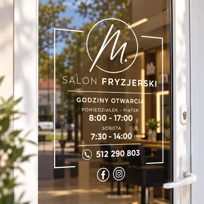 Naklejka na witrynę – Salon fryzjerski M., realizacja Ananas Studio