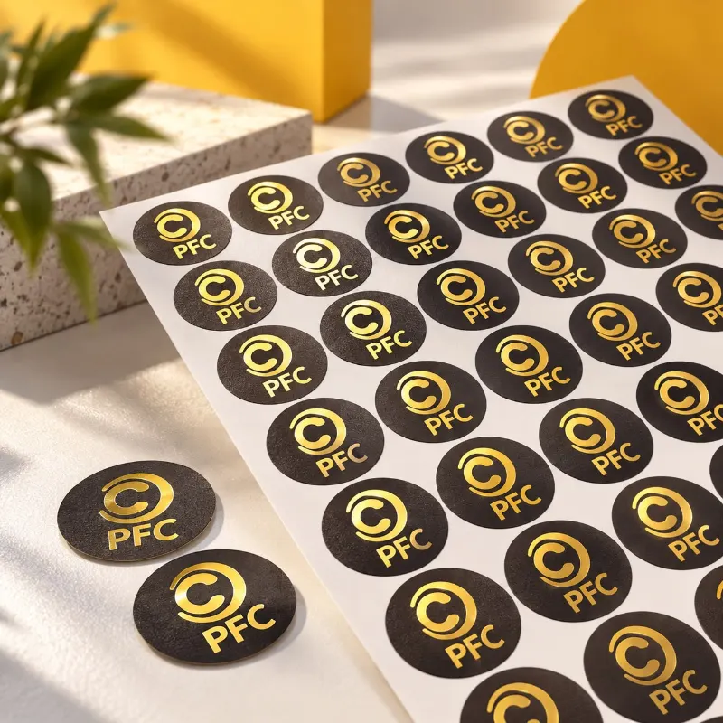 Naklejki ze złotym logo – PFC, realizacja Ananas Studio